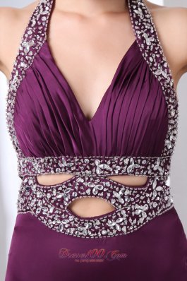 Dark Purple Prom GownColumn Halter Taffeta Beading