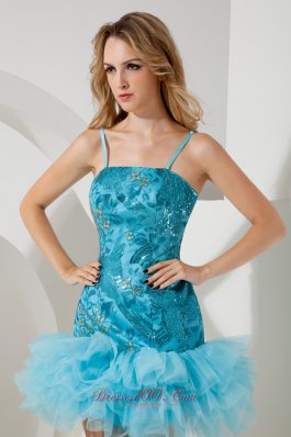 Aqua Blue Straps Short Homecoming Dress Mini-length Sequin