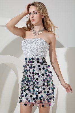 Silver Strapless Sequins Short Prom Nightclub Gown Mini-length Sequin