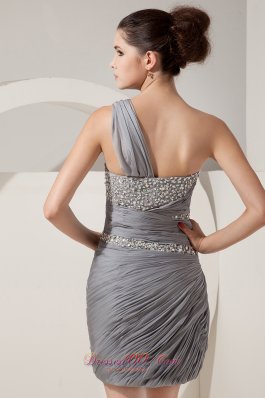 Grey One Shoulder Short Prom Nightclub Dress Mini-length Chiffon Beading