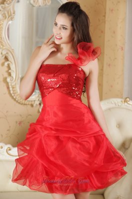 Red One Shoulder Sequin Prom Dress Organza Mini-length