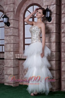Column Strapless High-low Prom Celebrity Dress Beading Taffeta and Tulle