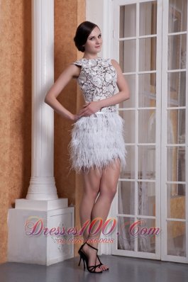Feather Elastic Woven Satin Cocktail Dress Scoop Mini-length