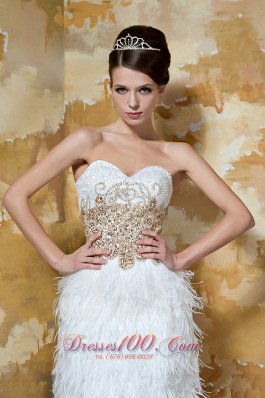 White Knee-length Satin and Feather Beading Evening Nightclub Dress