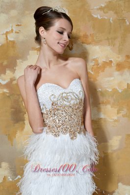 White Knee-length Satin and Feather Beading Evening Nightclub Dress