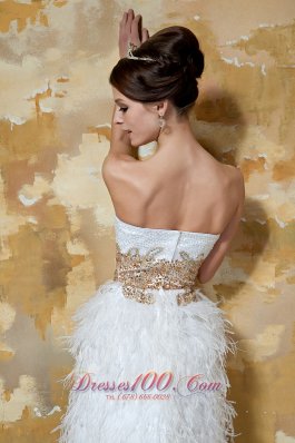 White Knee-length Satin and Feather Beading Evening Nightclub Dress