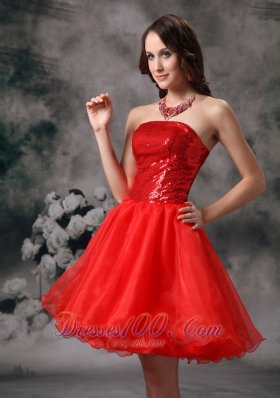 Clearance Red Strapless Cocktail Dress Organza Mini-length