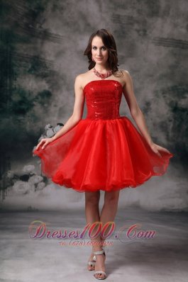 Clearance Red Strapless Cocktail Dress Organza Mini-length