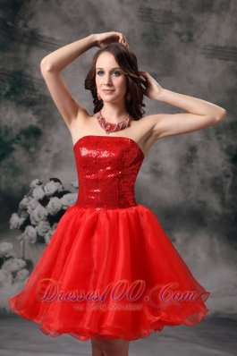 Clearance Red Strapless Cocktail Dress Organza Mini-length