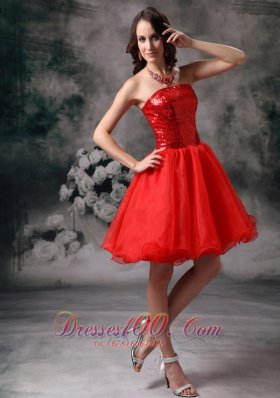 Clearance Red Strapless Cocktail Dress Organza Mini-length