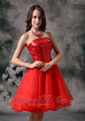 Clearance Red Strapless Cocktail Dress Organza Mini-length