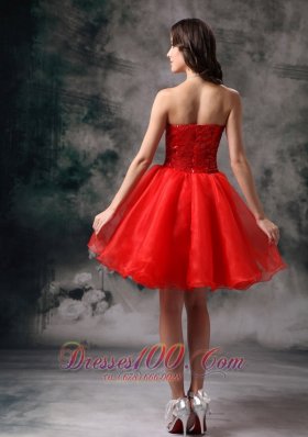 Clearance Red Strapless Cocktail Dress Organza Mini-length