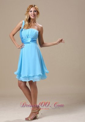 One Shoulder Light Blue Dresses For Damas Chiffon Knee-length