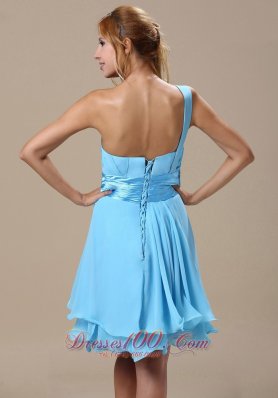 One Shoulder Light Blue Dresses For Damas Chiffon Knee-length