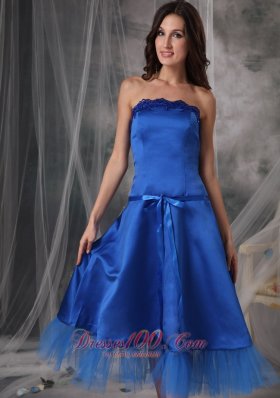 Blue Strapless Dresses For Damas Taffeta Ribbons Tea-length