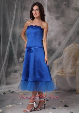 Blue Strapless Dresses For Damas Taffeta Ribbons Tea-length