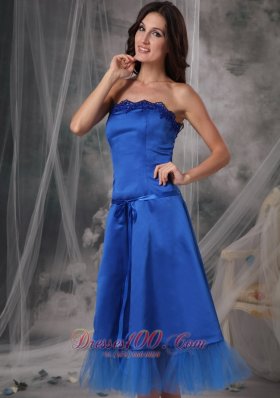 Blue Strapless Dresses For Damas Taffeta Ribbons Tea-length