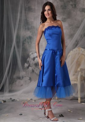 Blue Strapless Dresses For Damas Taffeta Ribbons Tea-length