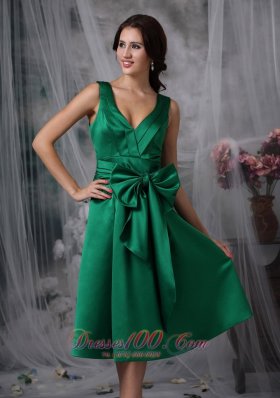 V-neck Tea-length Dark Green Satin Bow Bridesmaid Dress