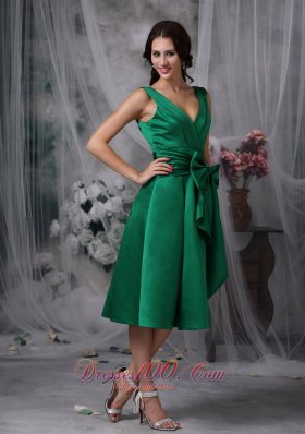 V-neck Tea-length Dark Green Satin Bow Bridesmaid Dress