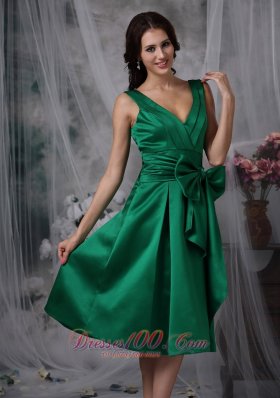 V-neck Tea-length Dark Green Satin Bow Bridesmaid Dress