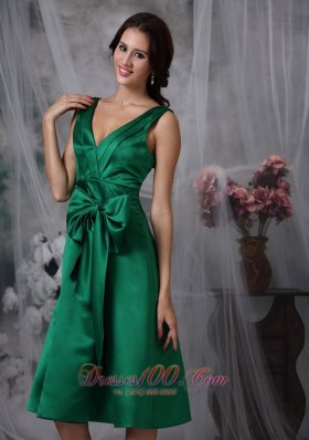 V-neck Tea-length Dark Green Satin Bow Bridesmaid Dress