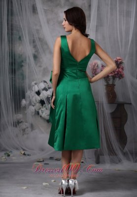 V-neck Tea-length Dark Green Satin Bow Bridesmaid Dress