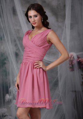 Mini-length Rose Pink Empire V-neck Dama Dresses