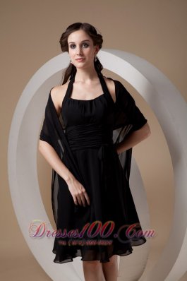 Halter Chiffon Black Knee-length Dama Bridesmaid Dresses