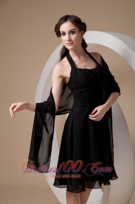 Halter Chiffon Black Knee-length Dama Bridesmaid Dresses