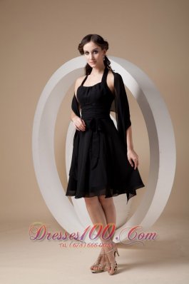 Halter Chiffon Black Knee-length Dama Bridesmaid Dresses