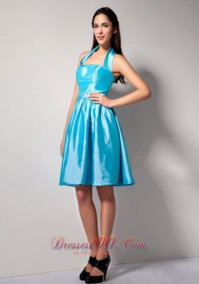 Aqua Blue Halter Taffeta Knee-length Dama Dresses