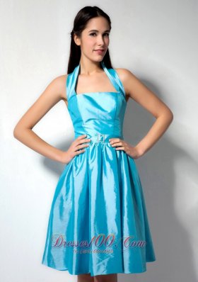 Aqua Blue Halter Taffeta Knee-length Dama Dresses