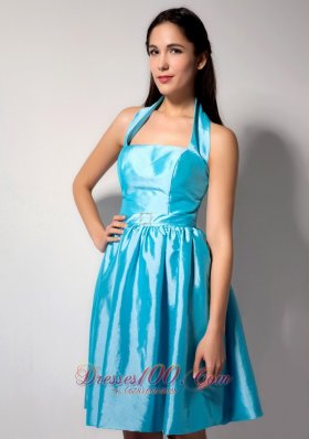 Aqua Blue Halter Taffeta Knee-length Dama Dresses