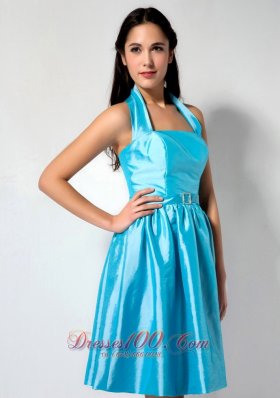 Aqua Blue Halter Taffeta Knee-length Dama Dresses