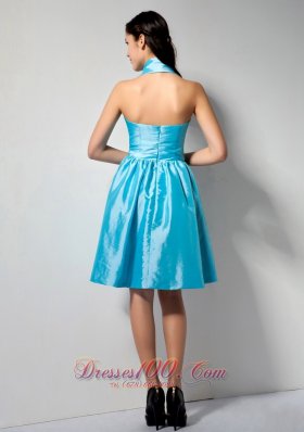 Aqua Blue Halter Taffeta Knee-length Dama Dresses