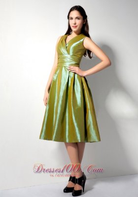 Olive Green Tea-length V-neck Taffeta Bridesmaid Dress