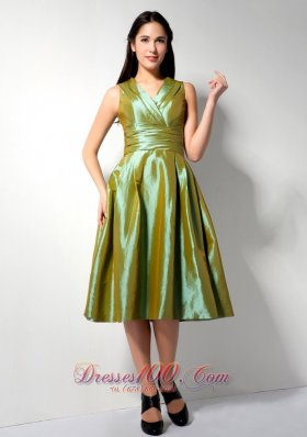 Olive Green Tea-length V-neck Taffeta Bridesmaid Dress