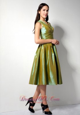 Olive Green Tea-length V-neck Taffeta Bridesmaid Dress