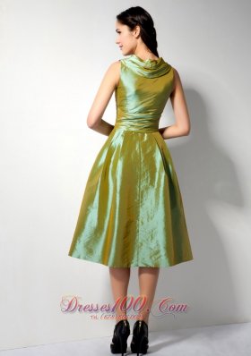 Olive Green Tea-length V-neck Taffeta Bridesmaid Dress