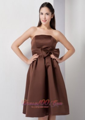 Knee-length Satin Bow Brown A-line Dama Dress