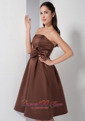 Knee-length Satin Bow Brown A-line Dama Dress