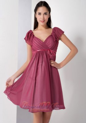 Cap Sleeves Burgundy V-neck Short Bridesmaid Dress