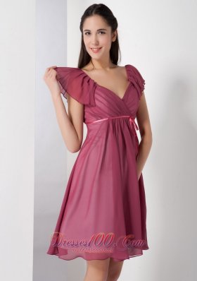 Cap Sleeves Burgundy V-neck Short Bridesmaid Dress