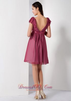 Cap Sleeves Burgundy V-neck Short Bridesmaid Dress