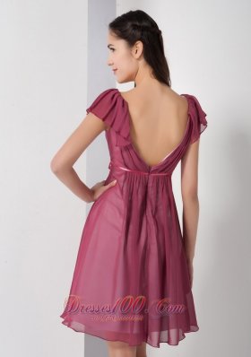 Cap Sleeves Burgundy V-neck Short Bridesmaid Dress