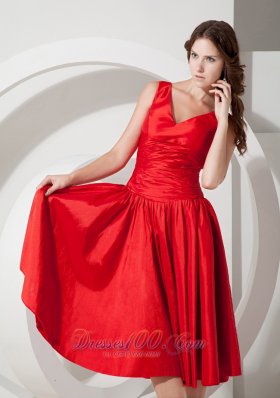 Tea-length V-neck Taffeta Red Evening Dama Dress