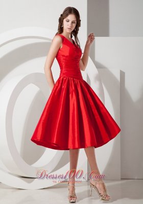 Tea-length V-neck Taffeta Red Evening Dama Dress