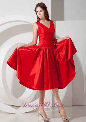 Tea-length V-neck Taffeta Red Evening Dama Dress