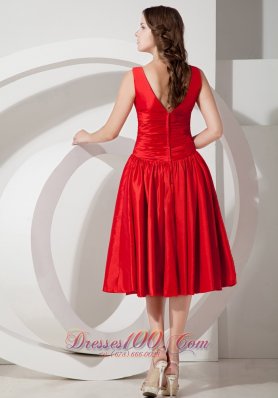 Tea-length V-neck Taffeta Red Evening Dama Dress